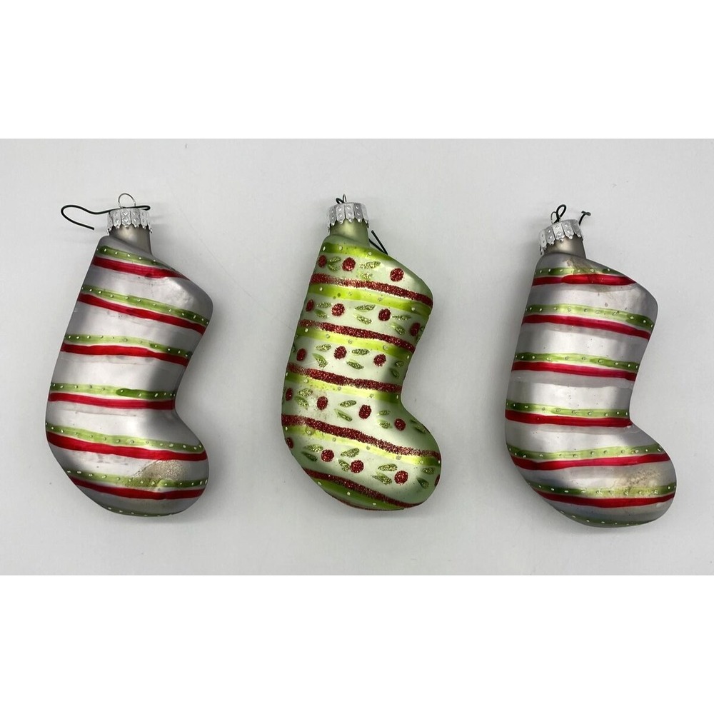 Vintage Blown Glass Christmas Stocking Ornaments Red Green Silver Set of 3